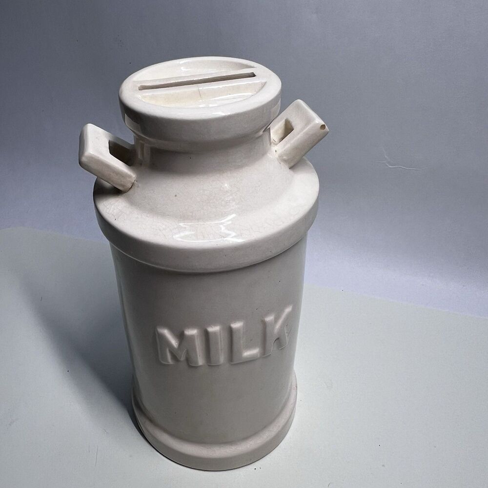 Vintage Ceramic Milk Can Coin Bank White Farmhouse Decor Savings Piggy Bank Read